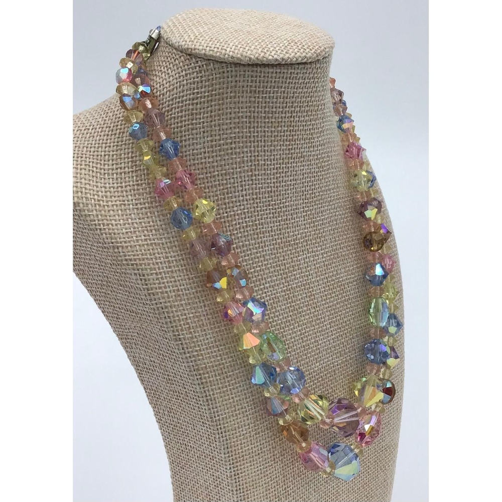 Vintage Aurora Borealis Crystal Bead Double Strand Necklace Pastel Rainbow 16" - Picture 2 of 7